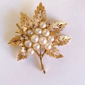 Trifari Pearl and Rhinestone Maple Leaf Brooch